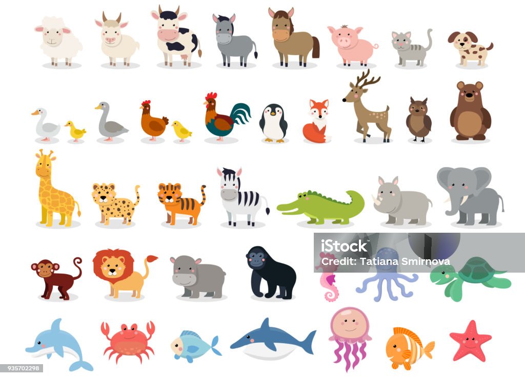 Schattige dieren collectie: boerderij dieren, wilde dieren, marina dieren geïsoleerd op een witte achtergrond. Vector illustratie ontwerpsjabloon - Royalty-free Cartoon vectorkunst