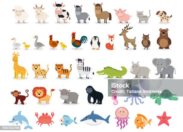 Schattige Dieren Collectie Boerderij Dieren Wilde Dieren Marina Dieren Geïsoleerd Op Een Witte Achtergrond Vector Illustratie Ontwerpsjabloon Stockvectorkunst en meer beelden van Cartoon