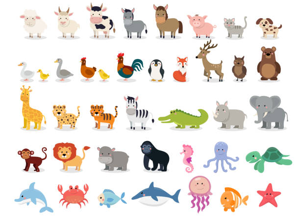 sevimli hayvanlar koleksiyonu: çiftlik hayvanlar, vahşi hayvanlar, beyaz arka plan üzerinde izole marina hayvanlar. vektör çizim tasarım şablonu - hayvan illüstrasyonlar stock illustrations