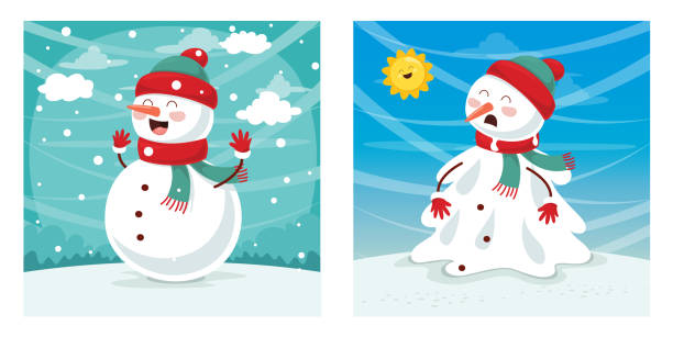 ilustraciones, imágenes clip art, dibujos animados e iconos de stock de ilustración de vector de muñeco de nieve - melting snowman winter spring