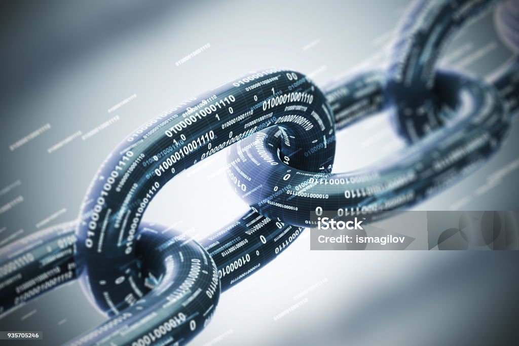 Diagonal chain, a blockchain concept, gray closeup Diagonal chain made of zeros and ones. Cryptocurrency and mining. A bitcoin metaphor. Gray background. A close up. 3d rendering mock up Blockchain Stock Photo
