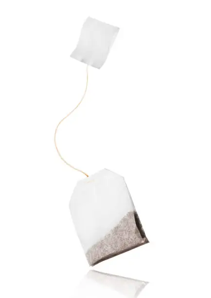 Photo of Tea bag with reflection close-up isolated on a white background