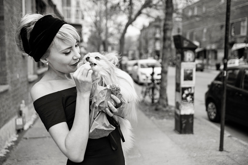 Vintage looking woman feeding her dog a piece of bagel. She is dress to look like Audrey Hepburn, and the dog is a papillon spaniel. Horyzontal black and white waist up outdoors shot with copy space. This was taken in Montreal, Canada.