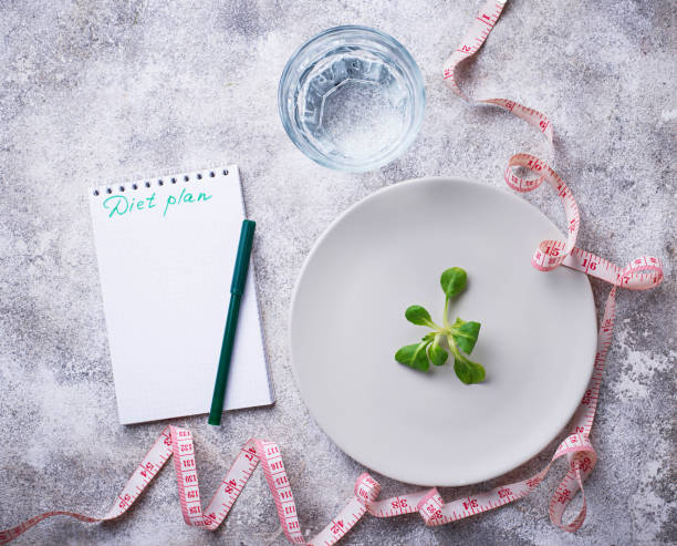 istock Plate with salad leaves, water and measuring tape 935718100