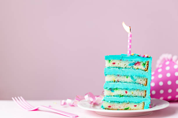 istock Colorful birthday cake slice with candle 935718432