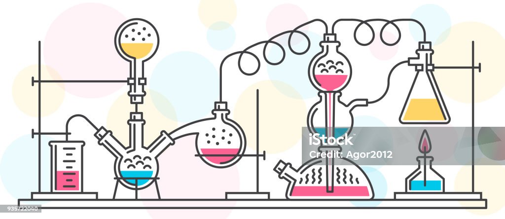 chemical reaction A chemical reaction consisting of flasks and tools in a chemical laboratory, performed in a line style. Vector color illustration. Possible reconfiguration. Chemistry stock vector