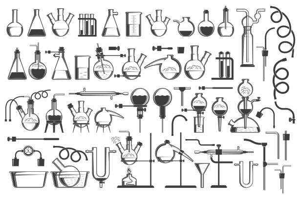 Print Chemical science design elements great set - equiment, flasks, retorts, containers, racks, hoses and so on. laboratory drawings stock illustrations