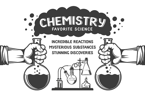 Chemistry retro poster - hands with flasks, smoke, chemical reactions and inscriptions.