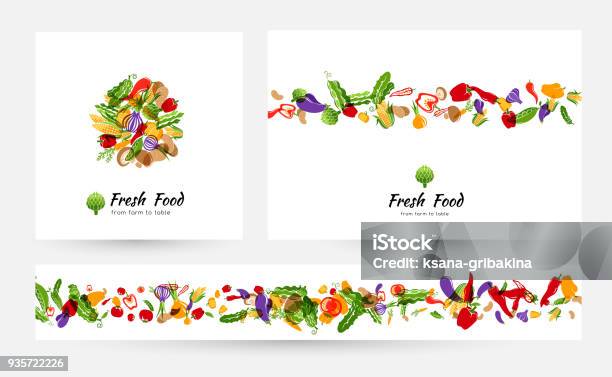 Gemüsebanner Und Elemente Für Das Menüdesign Verpackung Oder Organische Lebensmitteletiketten Shop Stock Vektor Art und mehr Bilder von Speisen
