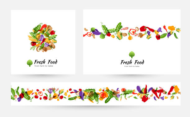 illustrations, cliparts, dessins animés et icônes de bannières de légumes et d’éléments de conception de menus, étiquettes de magasin alimentaire emballage ou organiques - vegetable food freshness frame