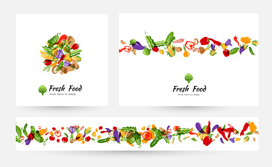 Vegetables. Design collection for menu, organic and natural food stores, packaging and advertising. Round emblem, background with border element and horizontal border.