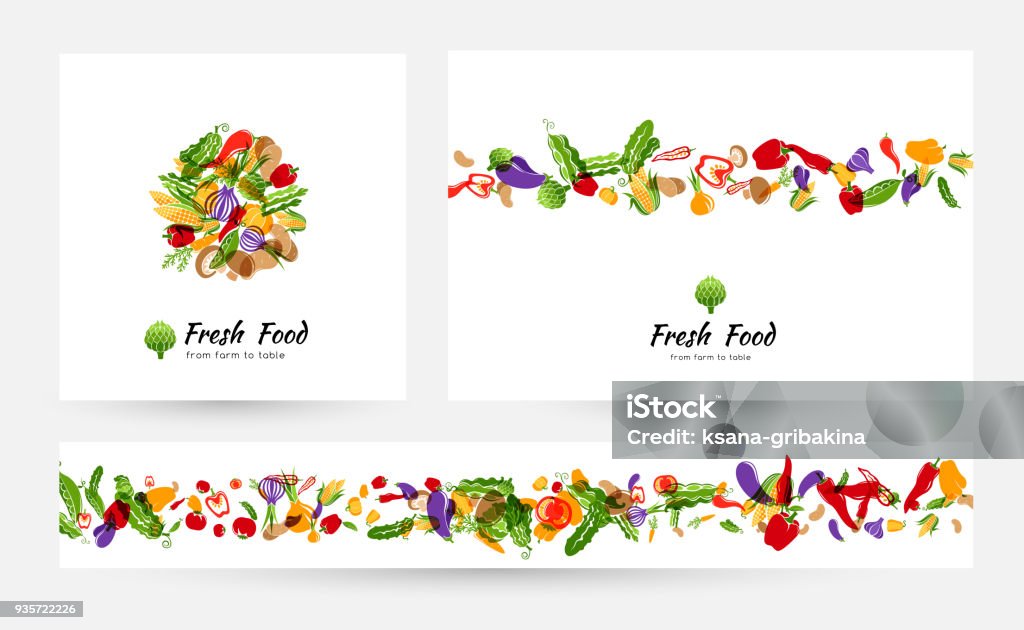 Vegetables banners and elements for menu design, packaging or organic food store labels Vegetables. Design collection for menu, organic and natural food stores, packaging and advertising. Round emblem, background with border element and horizontal border. Food stock vector