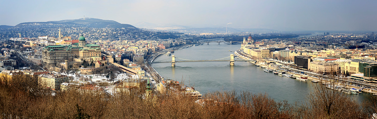 Panoramic view of Budapest with Szechenyi Chain Bridge, Matthias Church St Stephen's Basilica and Hungarian Parliament Building at day