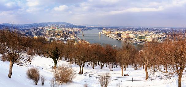 Panoramic view of Budapest with Szechenyi Chain Bridge, Matthias Church St Stephen's Basilica and Hungarian Parliament Building at day