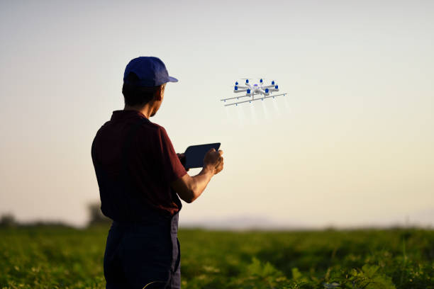 fermier de pulvériser ses récoltes à l’aide d’un drone - aerial view mid air farm field photos et images de collection