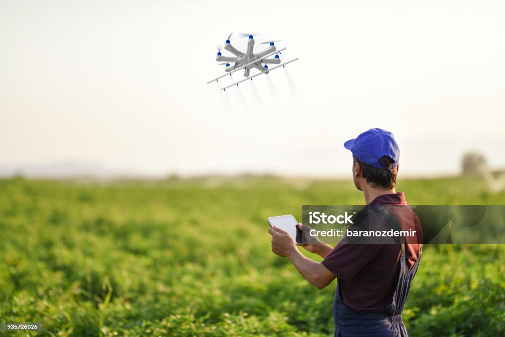 Farmer spraying his crops using a drone Drone Stock Photo
