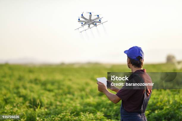 Farmer Spraying His Crops Using A Drone Stock Photo - Download Image Now - Drone, Agriculture, Drone Point of View