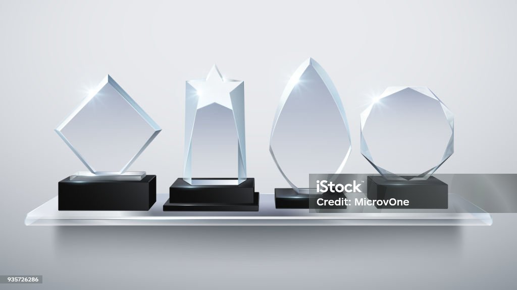 Realistic glass trophy awards, transparent diamond winner prizes on shelf vector illustration Realistic glass trophy awards, transparent diamond winner prizes on shelf vector illustration. Collection of award and trophy transparent glass Trophy - Award stock vector