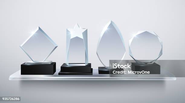 Realistic Glass Trophy Awards Transparent Diamond Winner Prizes On Shelf Vector Illustration Stock Illustration - Download Image Now