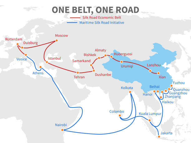 ein gürtel - chinesische moderne seidenstraße eine straße. wirtschaftlichen transportweg auf welt-karte-vektor-illustration - belt stock-grafiken, -clipart, -cartoons und -symbole