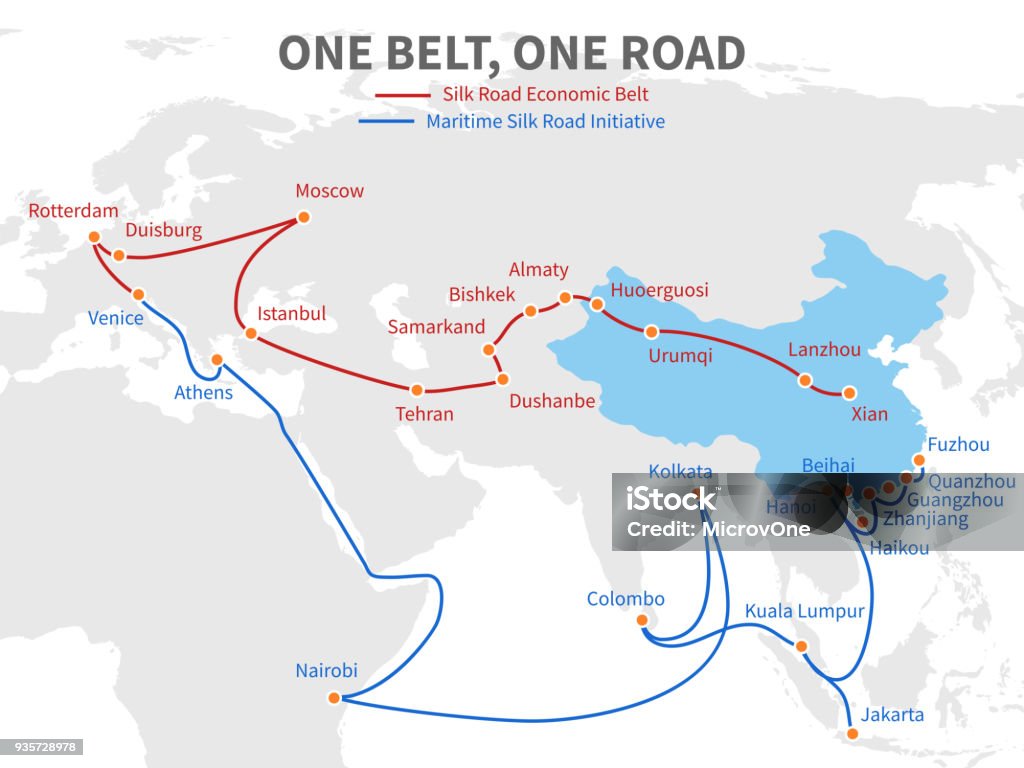 Une ceinture - route de la soie chinoise moderne une seule route. Moyen de transport économique sur illustration vectorielle de monde carte - clipart vectoriel de Route libre de droits