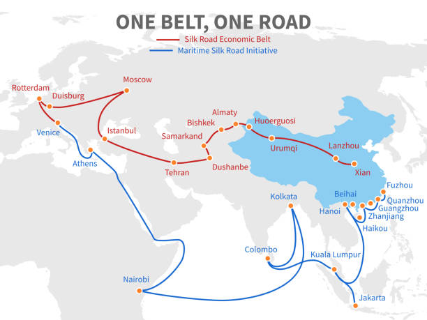 One belt - one road chinese modern silk road. Economic transport way on world map vector illustration One belt - one road chinese modern silk road. Economic transport way on world map vector illustration. Transit roadmap, shipping european and eurasia distant initiative stock illustrations