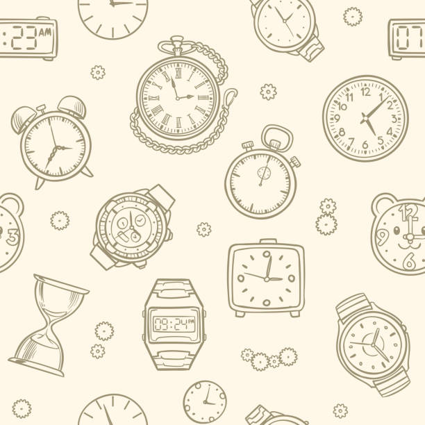 Vintage hand drawn clocks and watches. Time vector seamless pattern Vintage hand drawn clocks and watches. Time vector seamless pattern. Illustration of clock drawing, time seamless pattern clock designs stock illustrations