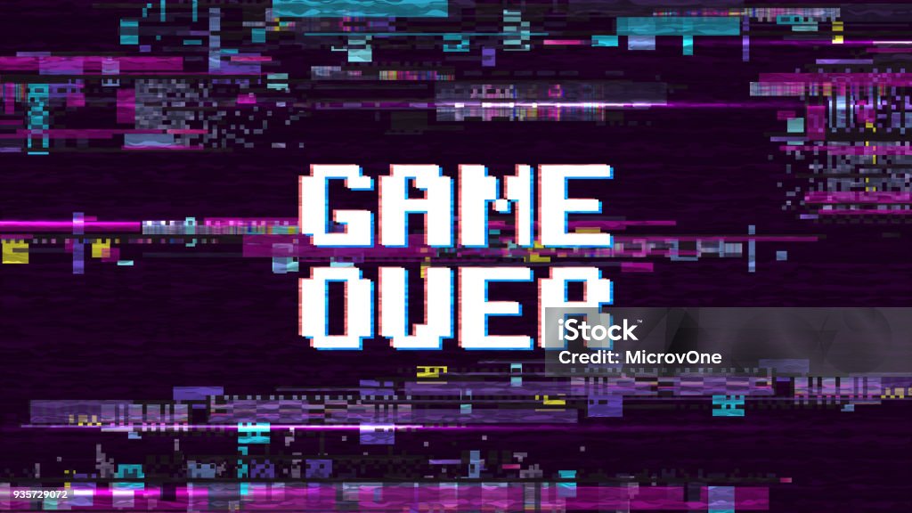 Game over fantastic computer background with glitch noise retro effect vector screen Game over fantastic computer background with glitch noise retro effect vector screen. Game over pixel display, video computer text illustration Leisure Games stock vector