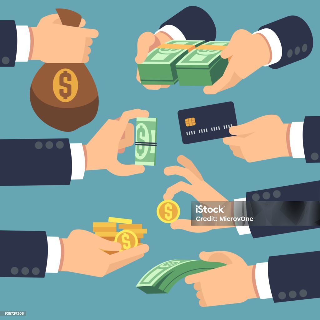 Businessman hand holding money. Flat icons for loan, paying and cash back concept Businessman hand holding money. Flat icons for loan, paying and cash back concept. Vector money cash, pay and giving illustration Currency stock vector