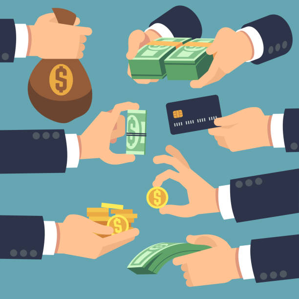 Businessman hand holding money. Flat icons for loan, paying and cash back concept Businessman hand holding money. Flat icons for loan, paying and cash back concept. Vector money cash, pay and giving illustration loan illustrations stock illustrations