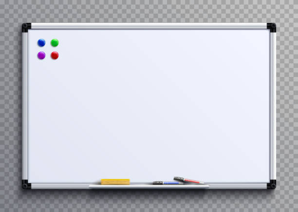 ilustraciones, imágenes clip art, dibujos animados e iconos de stock de pizarra vacía con rotuladores y los imanes. maqueta de vector de negocio presentación oficina tablero blanco aislado - pizarra blanca