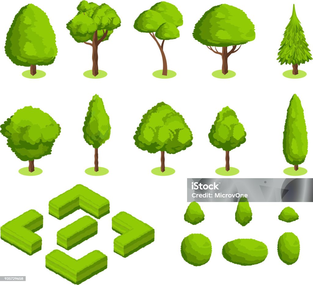 3d isométrique vecteur parc et jardin arbres et buissons. Collection de plantes vert forêt - clipart vectoriel de Arbre libre de droits