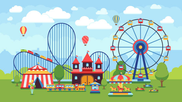 kreskowy park rozrywki z cyrkiem, karuzelami i ilustracją wektorową kolejką górską - ferris wheel carousel rollercoaster wheel stock illustrations