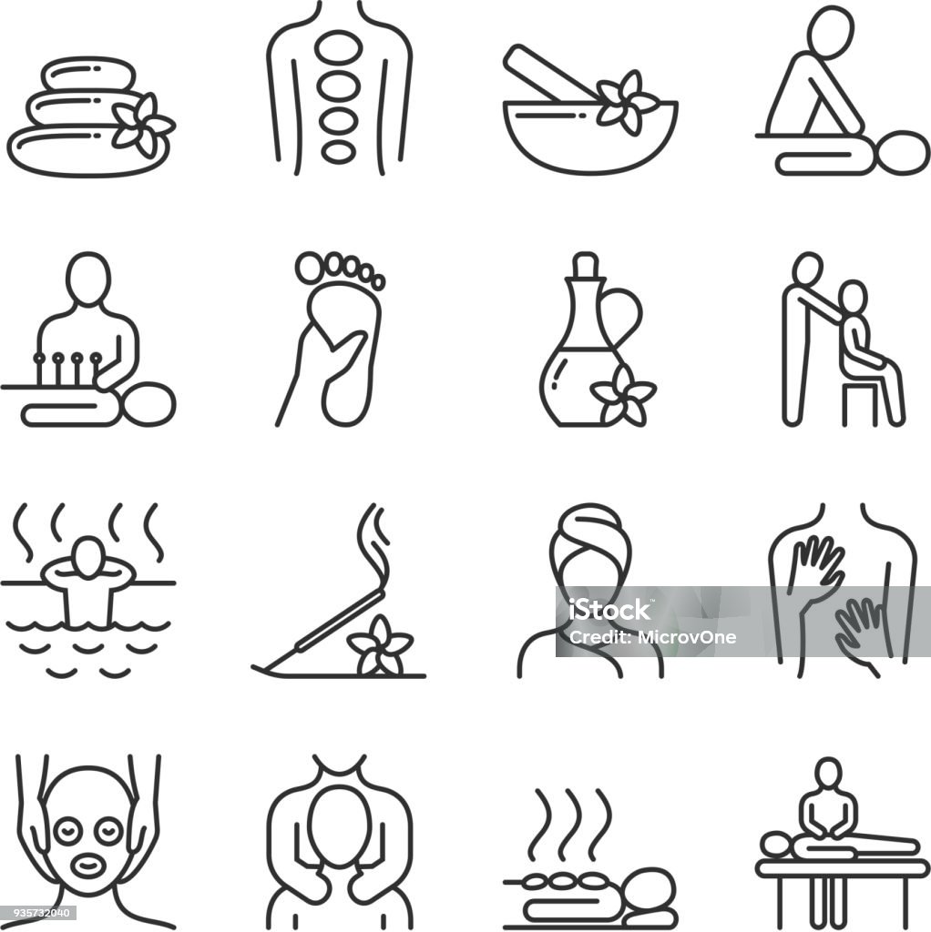 Masaje relajante y spa orgánico línea pictogramas. Iconos de vector de terapia de mano - arte vectorial de Spa libre de derechos