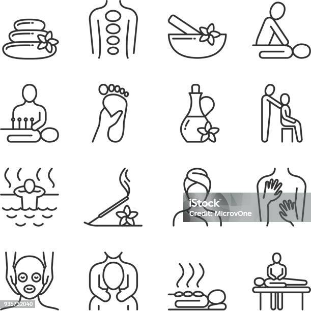 Ilustración de Masaje Relajante Y Spa Orgánico Línea Pictogramas Iconos De Vector De Terapia De Mano y más Vectores Libres de Derechos de Spa