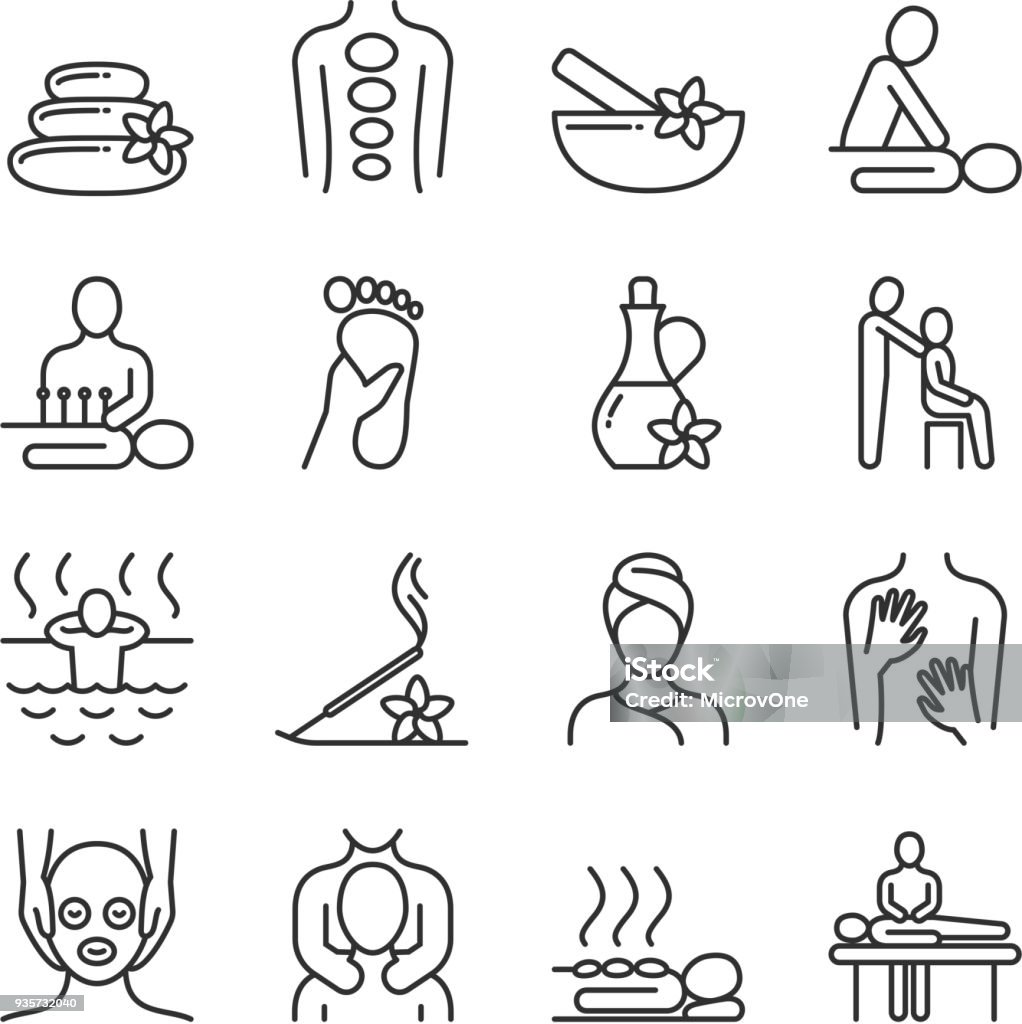 Relaxing massage and organic spa line pictograms. Hand therapy vector icons Relaxing massage and organic spa line pictograms. Hand therapy vector icons. Spa and therapy, massage for health and relax illustration Spa stock vector