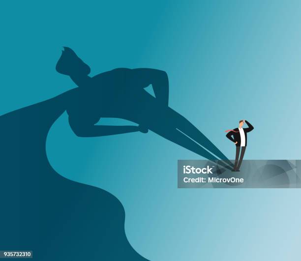 Businessman With Superhero Shadow Ambition And Business Success Vector Concept Stock Illustration - Download Image Now