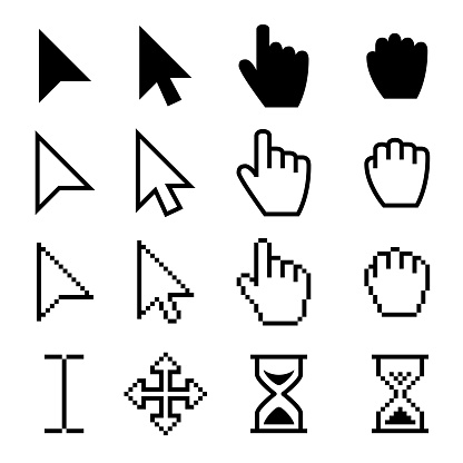 Arrow web cursors, digital hand pointers vector black pictograms