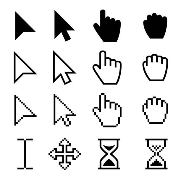 Arrow web cursors, digital hand pointers vector black pictograms Arrow web cursors, digital hand pointers vector black pictograms. Arrow cursor pixel digital, web pointing and hourglass illustration cursor illustrations stock illustrations