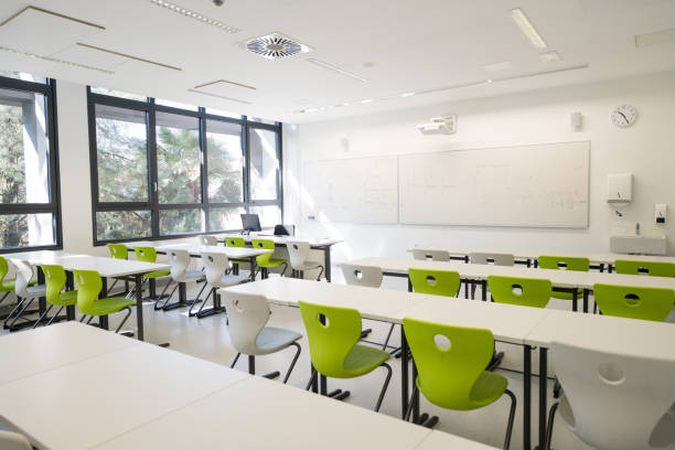 Contemporary Empty School Mathematics Classroom, Europe Contemporary empty school matematics classroom in Primorska region in Slovenia, Europe. Nikon D850. empty desk in classroom stock pictures, royalty-free photos & images