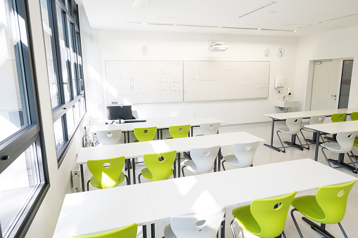 Contemporary empty school matematics classroom in Primorska region in Slovenia, Europe. Nikon D850.