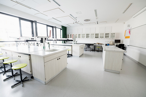 Contemporary empty school chemistry classroom in Primorska region in Slovenia, Europe. Nikon D850.