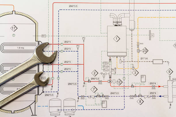 Maintenance and service: Wrench and project drawings with plumbing system