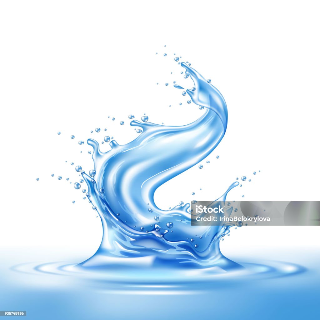 Vector realistic blue water splash paint Water splash, blue paint spray realistic vector. 3d liquid, summer tropical vacation drink symbol Fresh vitamin sweet liquid flowing in motion, isolated illustration white background Water stock vector