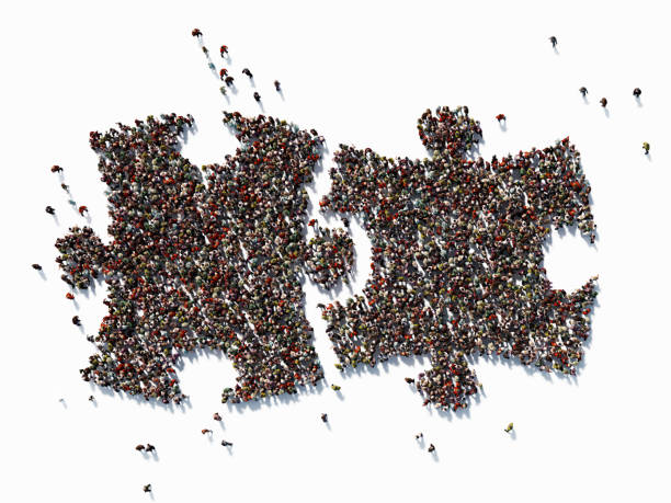 人間の群集形成ジグソー パズル シンボル: ソリューションとソーシャル メディアの概念 - jigsaw puzzle puzzle community meeting ストックフォトと画像