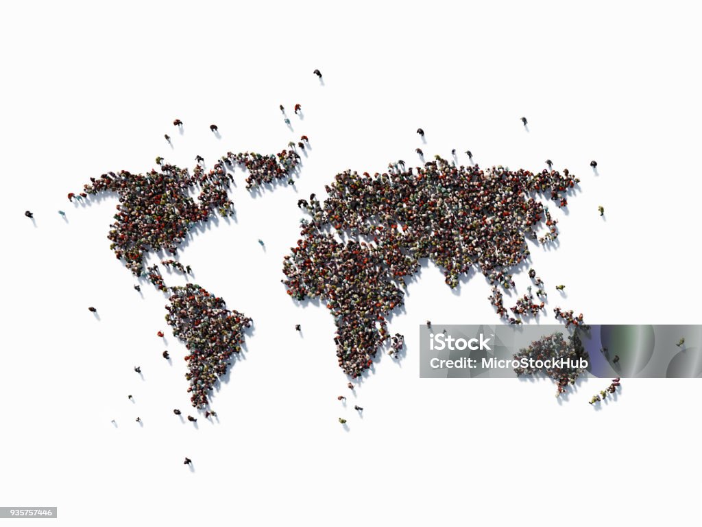 Foule humaine formant une carte du monde : Population et les médias sociaux Concept - Photo de Planisphère libre de droits