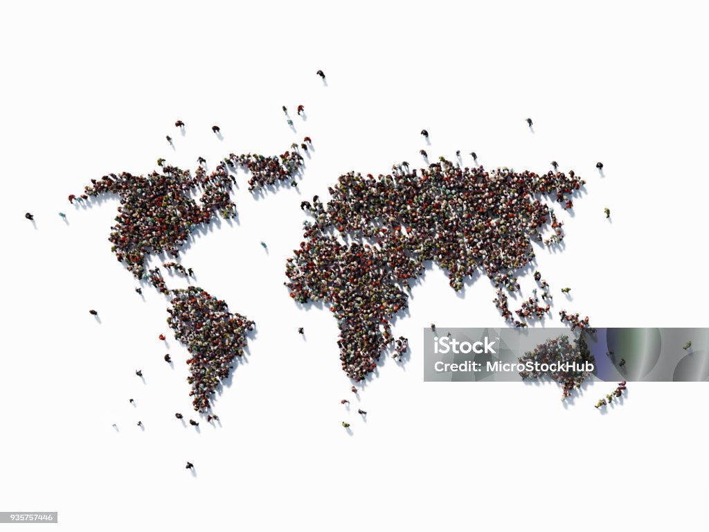 Human Crowd Forming A World Map: Population And Social Media Concept Human crowd forming a big world map on  white background. Horizontal  composition with copy space. Clipping path is included. Population and Social Media concept. World Map Stock Photo