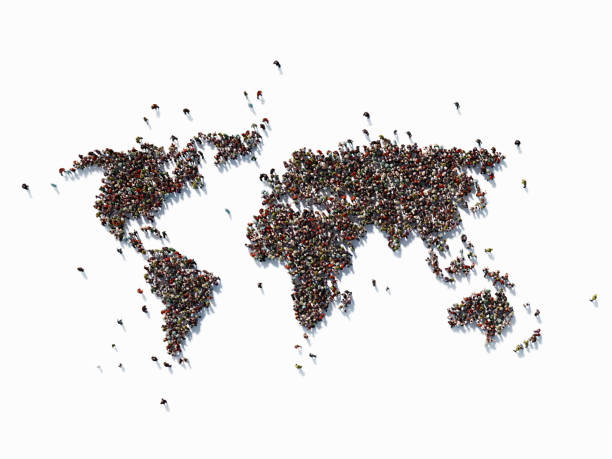 Human Crowd Forming A World Map: Population And Social Media Concept Human crowd forming a big world map on  white background. Horizontal  composition with copy space. Clipping path is included. Population and Social Media concept. population explosion stock pictures, royalty-free photos & images