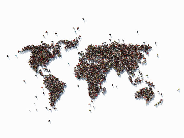 human crowd forming a world map: population and social media concept - social media teamwork global communications togetherness imagens e fotografias de stock