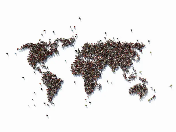 Human crowd forming a big world map on  white background. Horizontal  composition with copy space. Clipping path is included. Population and Social Media concept.